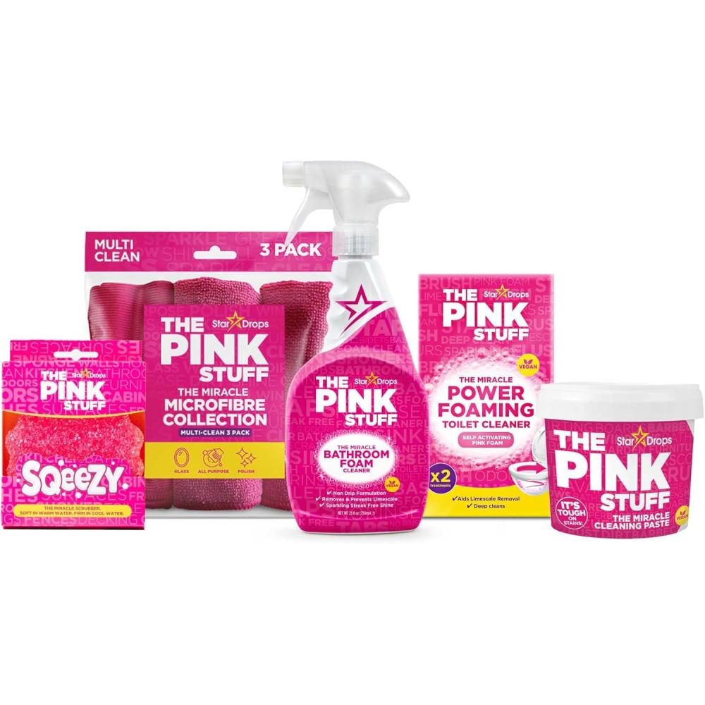 image:imageStardrops  The Pink Stuff Bathroom Cleaning Kit  Cleaning Paste Bathroom Foam Spray Toilet Foaming Powder SQeeZY Sponge amp 3 Microfiber Cloths  Tough on Stains Grease amp Soap Scum